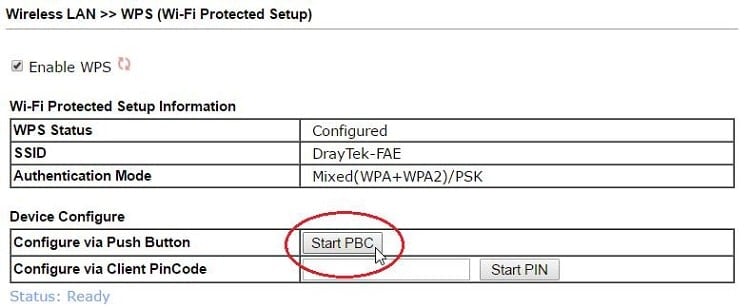 a screenshot of DrayOS WLAN WPS settings page